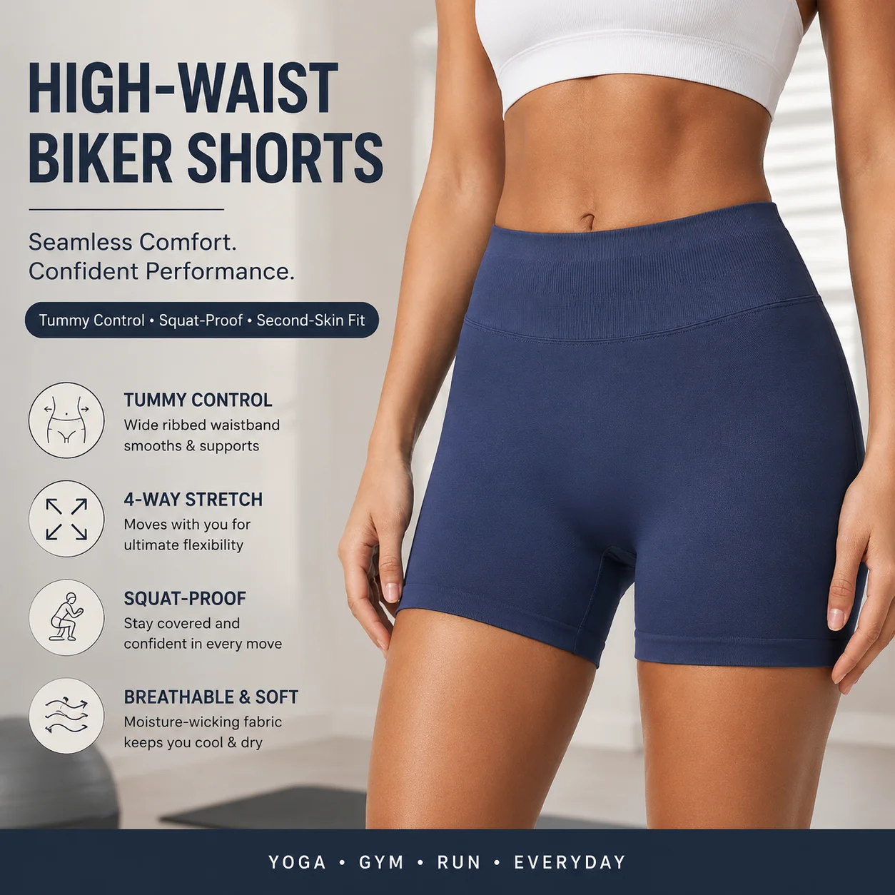 Women's High-Waist Seamless Biker Shorts with Ribbed Waistband Tummy Control Yoga Shorts Squat-Proof Compression Gym Bottoms