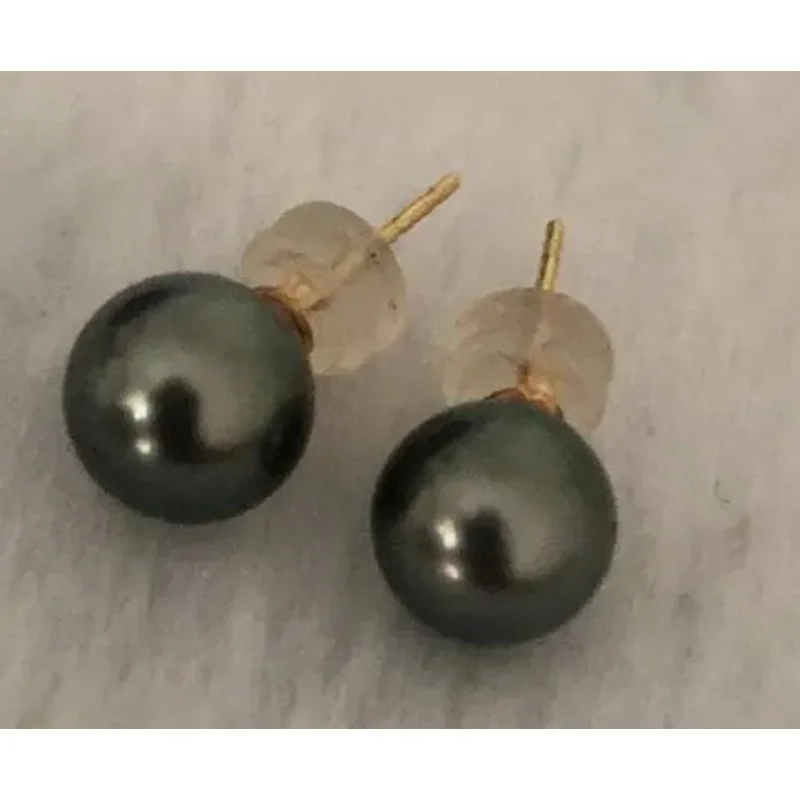 Charming 9-10mm Tahitian Bla Pearl Green Earring 18K