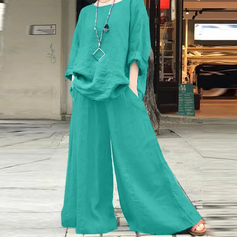 Casual Cotton Linen Set Women\'s O Neck Long Sleeve Blouses Wide Leg Pants Culottes 2piece Sets Autumn Retro Loose Female Suit