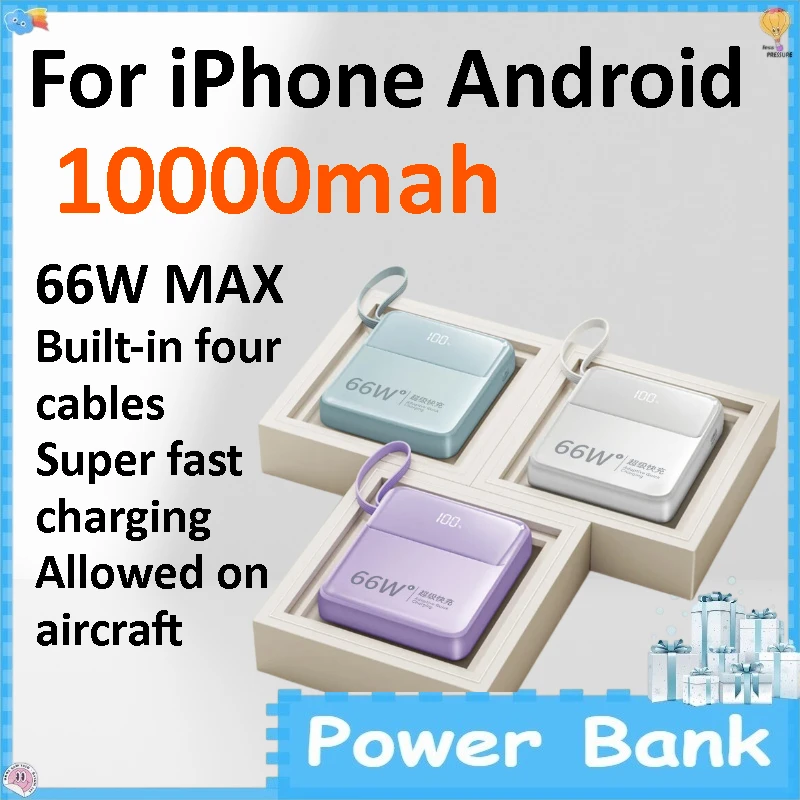 

10000mAh Mini Thin Powerbank 66W Fast Charge with 4 Built-in Cables Universal Mobile Battery Pack