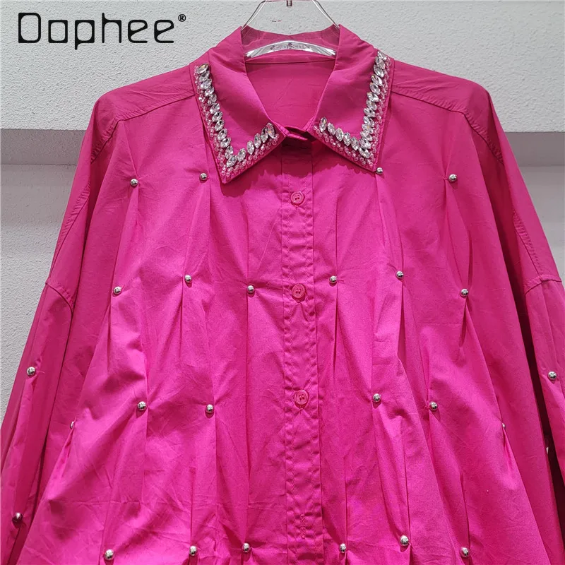 

2026 Early Spring New Korean Chic Rivet Pleated Batwing Sleeve Shirt Women Loose Slimming Oversized Beaded Rhinestone Shirt