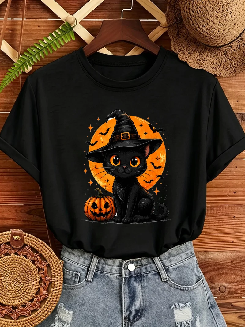 Cute Halloween Black Cat Witch Hat Women T‑shirt Cartoon Kitten Pumpkin Moon Bat Graphic T-Shirts Spooky Season Tee Tops Gifts
