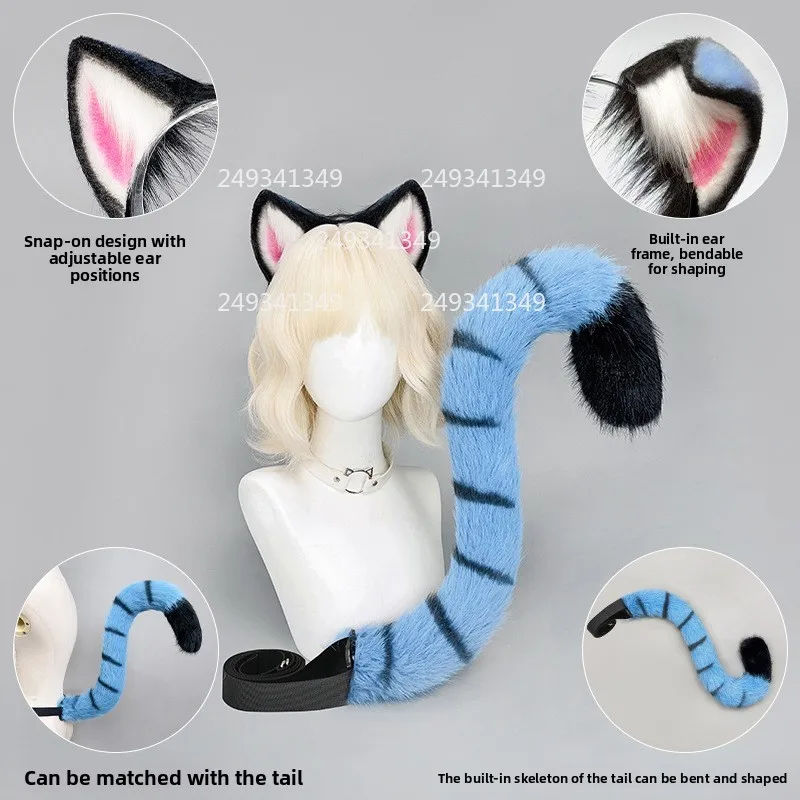 Tiger Ears Anime Movie Cosplay Headwear Woman Plush Animal Blue Tail Comic-con Stage Performance Props Party Costume Accessories