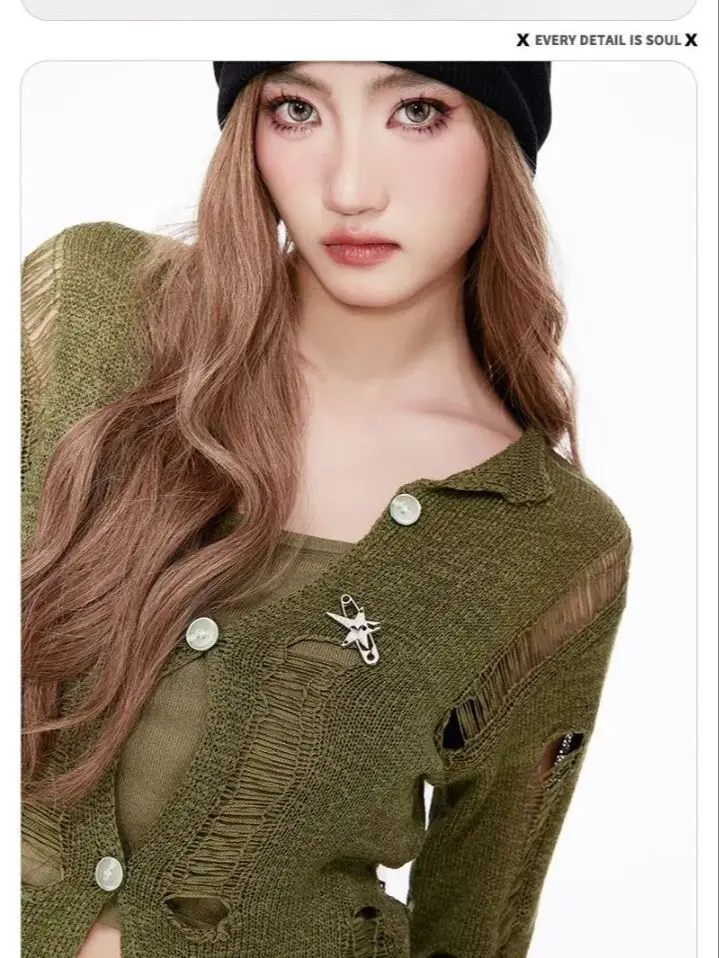 Fresh Two Piece Button Cardigan All Season National Tide Half Open Neck Women's Long Sleeve Knitted Sweater