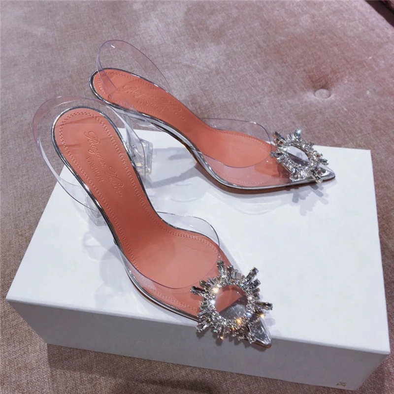 

Crystal Sun Flower Women Sandals Summer PVC Pointed Toe Shoes Ankle Strap Female Pumps Slingback Stiletto Zapatos Mujer
