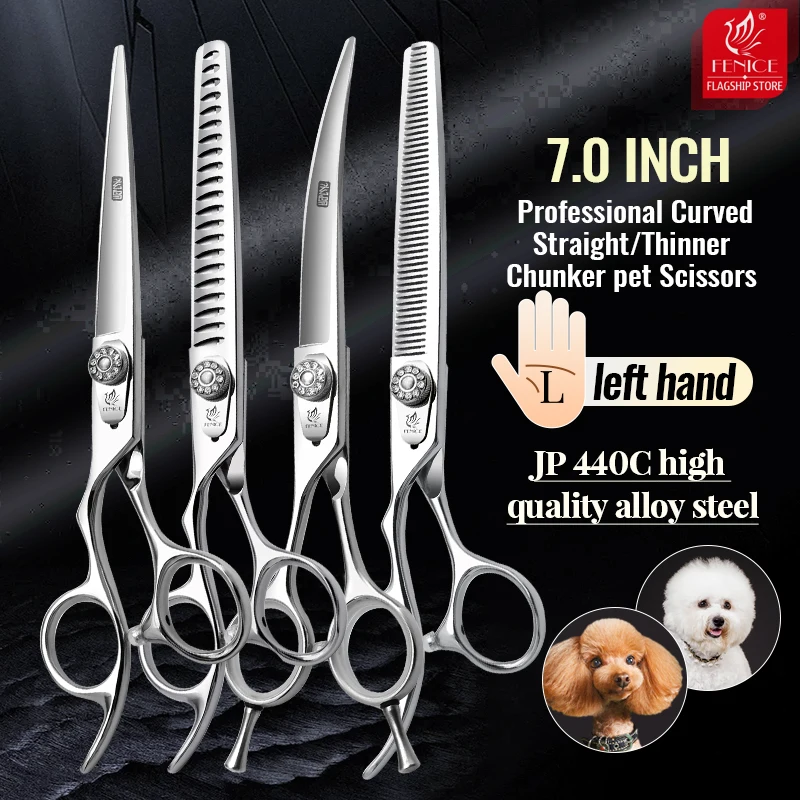 Fenice Left Hand 7 Inch Professional Pet Scissors Set Dog Grooming Kit Scissors Straight Curved Chunker Thinner Shears JP440C