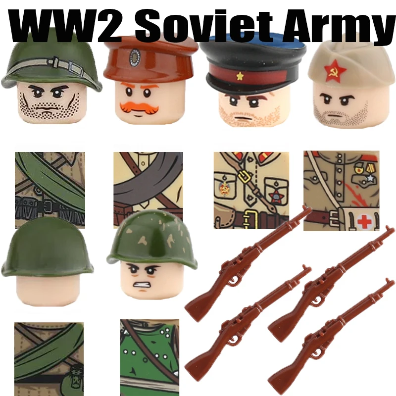 WW2 Militare Esercito Sovietico Building Blocks Soldato Figure Ufficiale di fanteria Pistola da guerra Arma Guerriero Accessori Mattoni Giocattoli Ragazzi