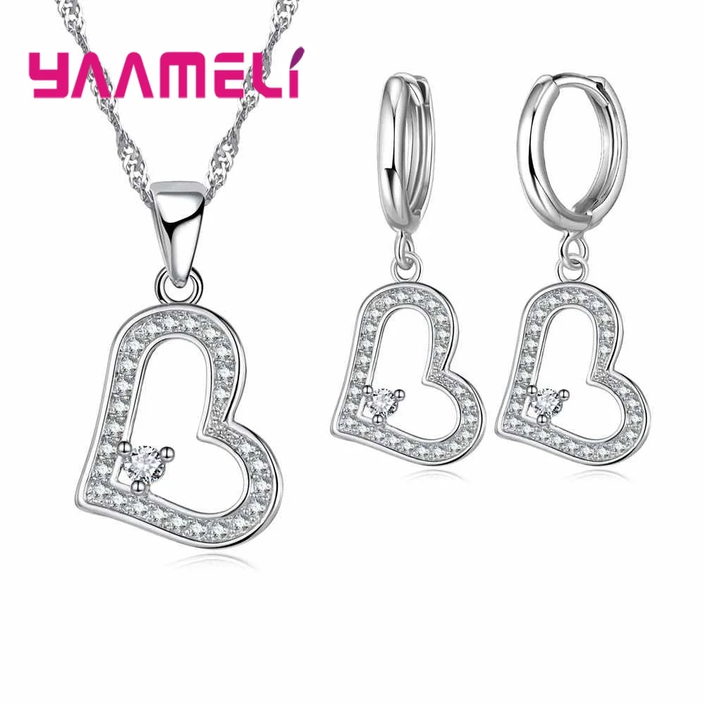 Simple Generous Heart Shape 925 Sterling Silver Birthday Gift Jewelry Sets Crystal Necklace Earring Women Decoration Set