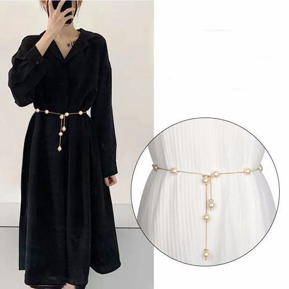 

Dress Waist Chain Women's Elegant Pearl Belt Skirt Pearl Waist Chain Adjustable Simple Metal Thin Chain Belt Pearl