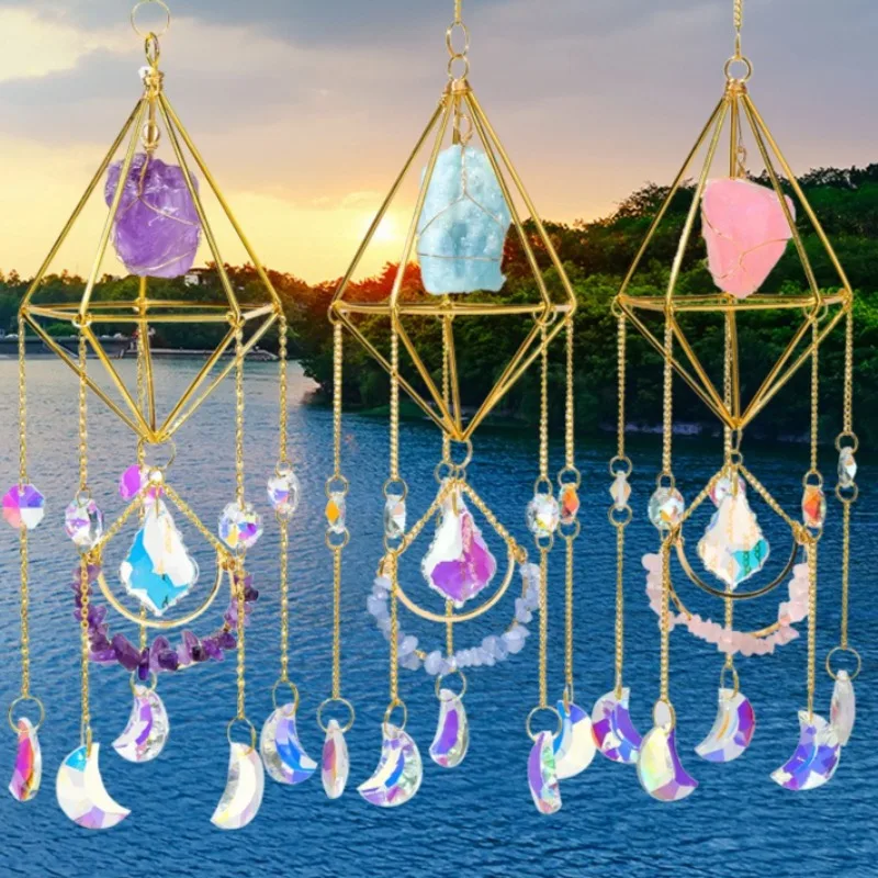 Natural Crystal Prism Sun Catcher Wind Chime Decor for Living Room Balcony Window Hanging Ornament with Rainbow Maker Effect