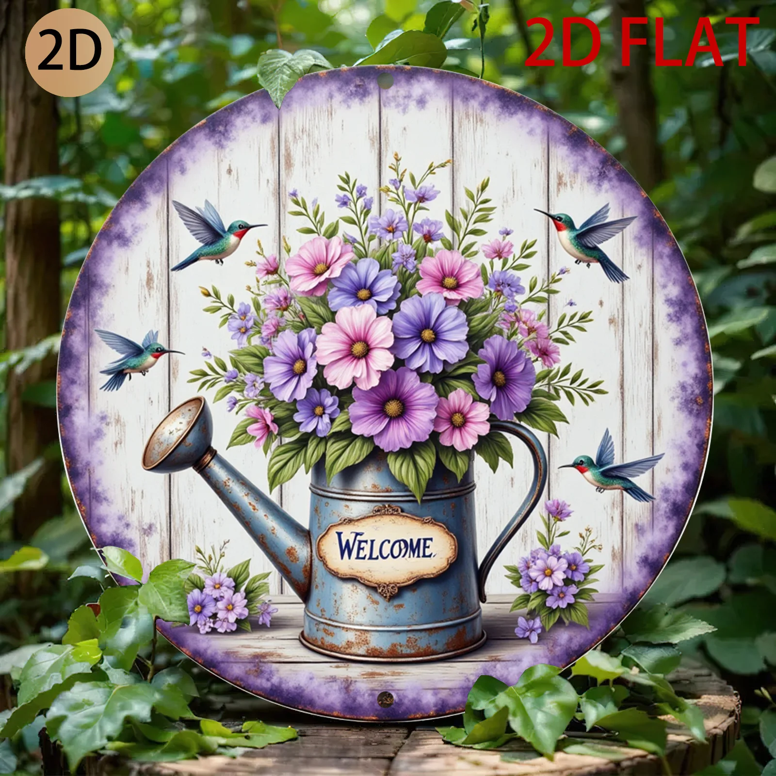 2D Flat, 2D Flat - Round Welcome Sign with a Watering Can, Floral Pattern, and Hummingbird, Perfect for Decorating Your Front Do