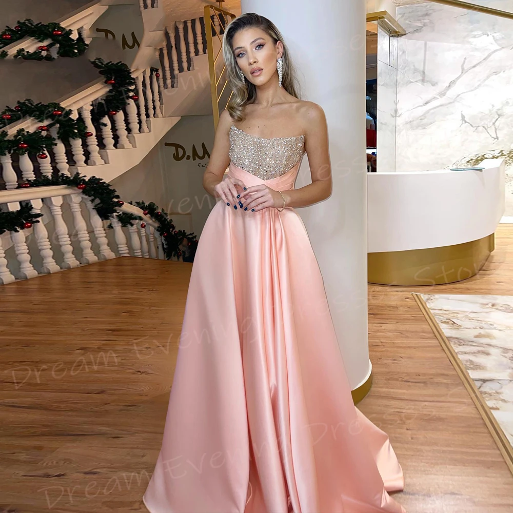 Elegante sanfte rosa eine Linie Frauen Abendkleider sexy klassische träger lose Perlen Ballkleider charmante ärmellose Vestido de Noche