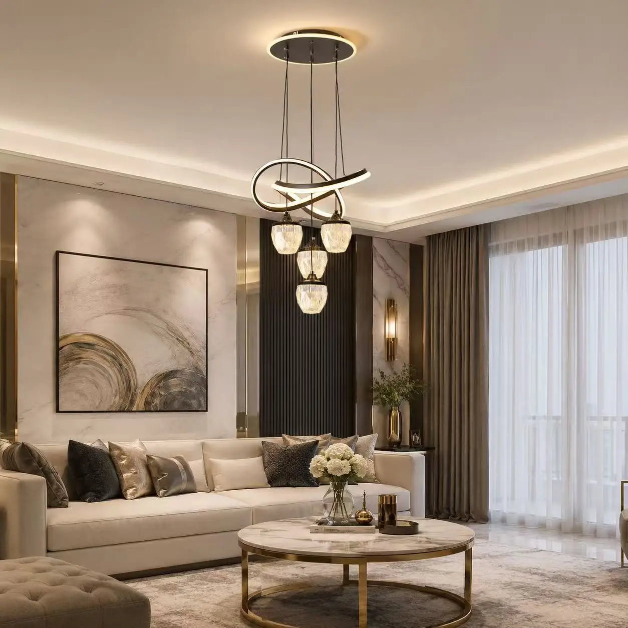 Modern Golden Infinity Ring Crystal Pendant Light 4 Lights LED Intertwined Rings Hanging Lamp 3 Color Dimmable Luxury Chandelier