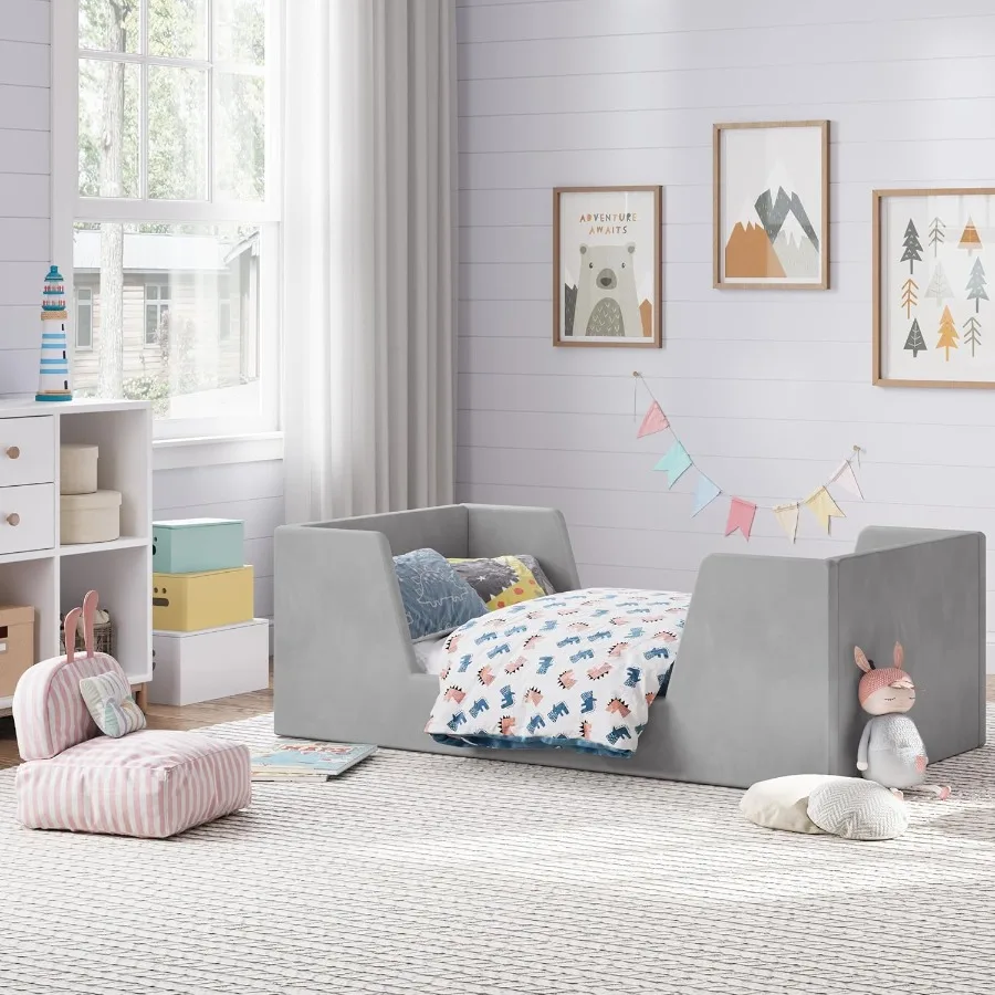 Toddler Bed Frame with Guard Rails for Ages 2-6 Certified Fabric Floor Bed in Soft Gray Safe and Space-Saving Design