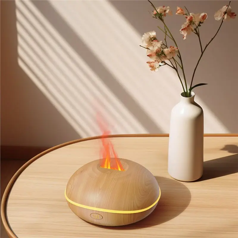 A50Q-Flyings Saucer Aromatherapy Diffuser Wood Grain Air Humidifier Ultrasonic Cool Mist Humidifier 7-Color LED Flame