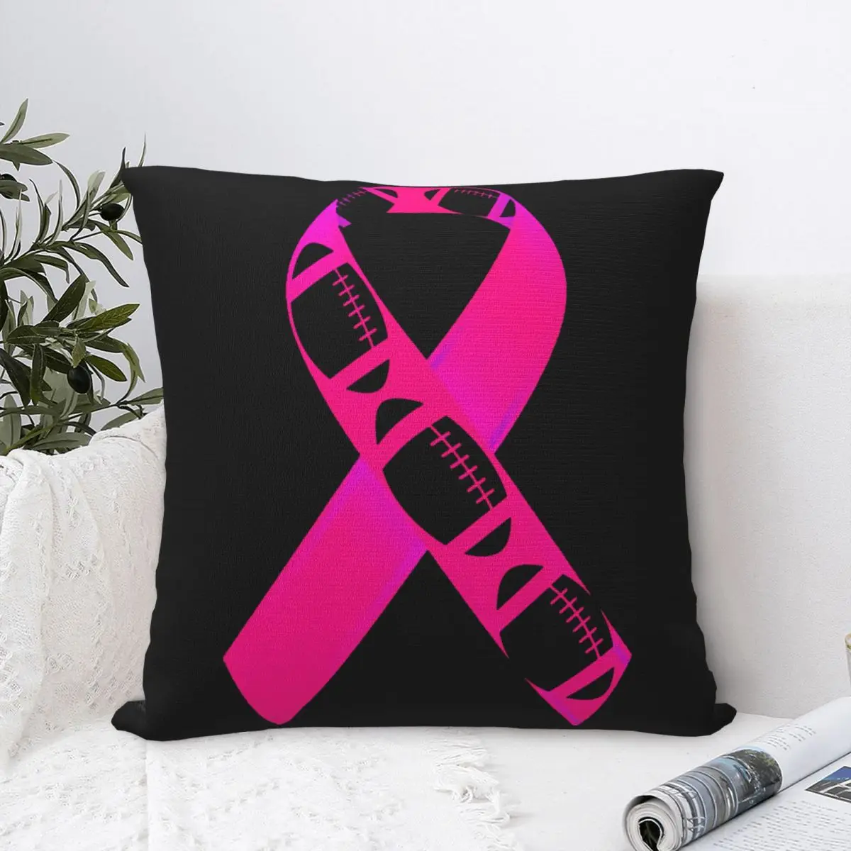 Football Pink Ribbon Breast Cancer Awareness Square Pillow Case Throw Pillow Funny Cushion Covers