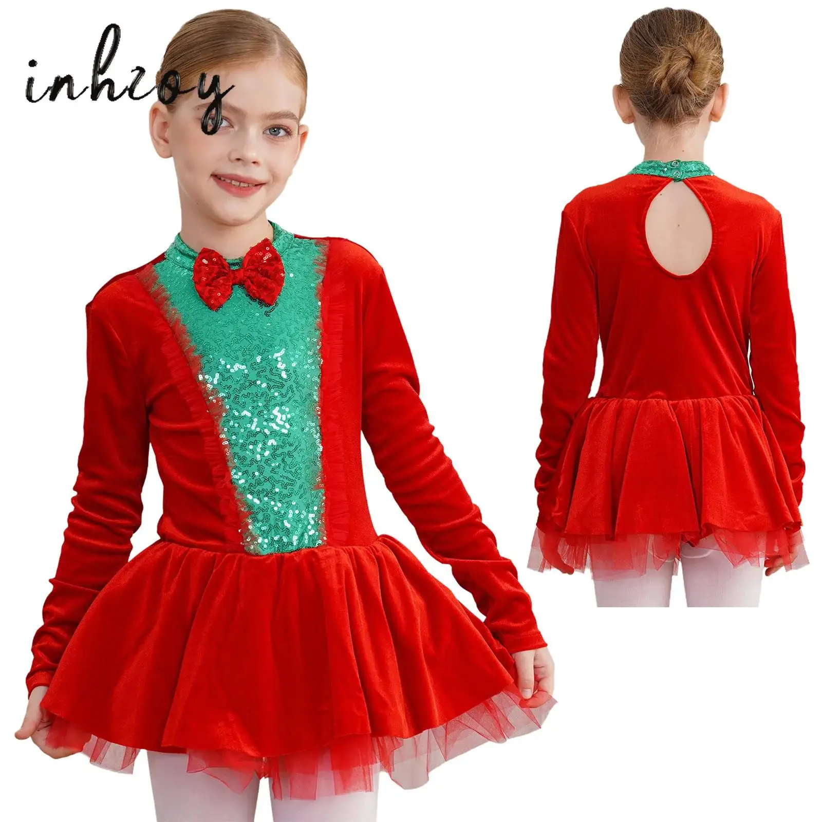 

Kids Girls Christmas Dance Tutu Dress Long Sleeve Sequin Velvet Leotard Dress Ballet Figure Skating Performance Xmas Dancewear