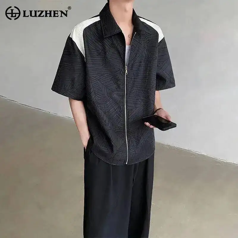 

LUZHEN Contrast Textured Pattern Zipper Sleeve Design Short Color Shirts Men's 2026 Summer High Quality Loose Casual Tops JY7589