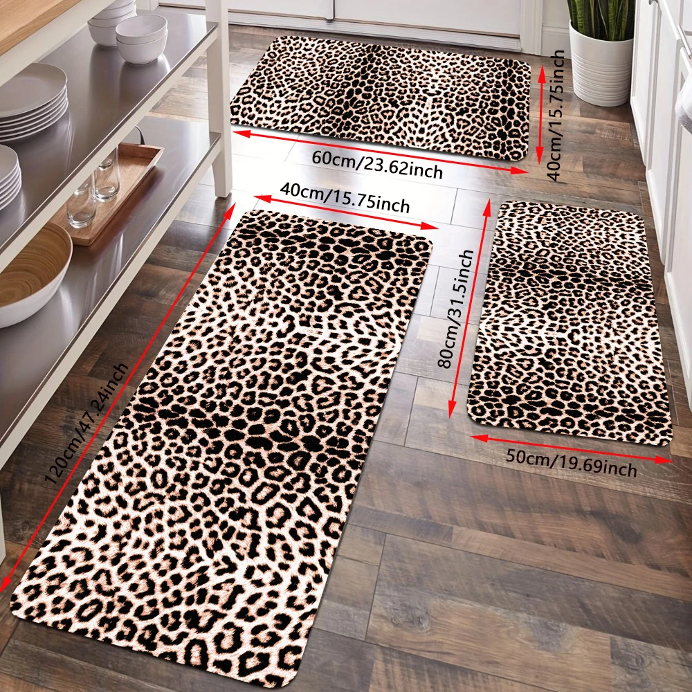 Cheetah Leopard Print Kitchen Floor Rug Set  Wild Animal Skin Texure Entrance Doormat Flannel Non-Slip Bath Mat Bathroom Carpet