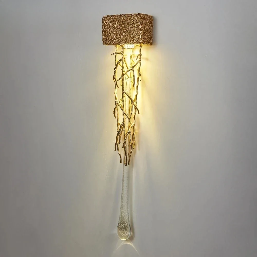 MAISU Crystal Wall Scone Lamp for Bedroom Stairs Living Room Luxury Gold Water Drop Glass Bedside Interior Crystal Wall Lights