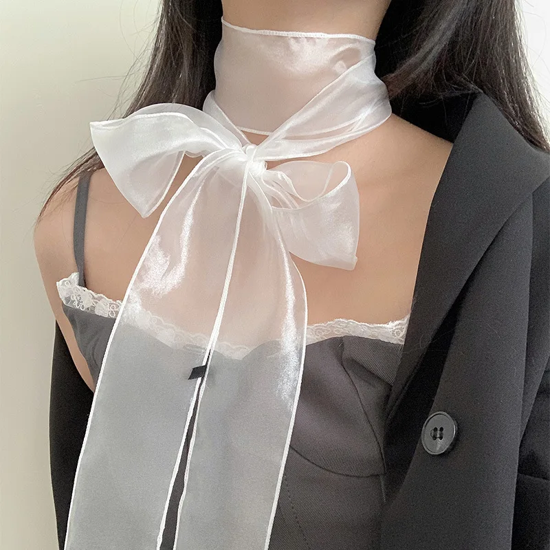 HQ French Style Organza Ribbon Scarf for Women Thin Summer Long Ribbon Hot Girl Pure Color Ribbon Decoration