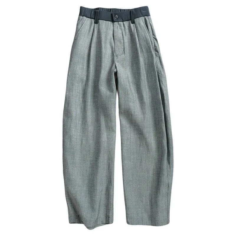 Men Contrast Waist Spliced Loose Wide Leg Curved Casual Linen Trousers