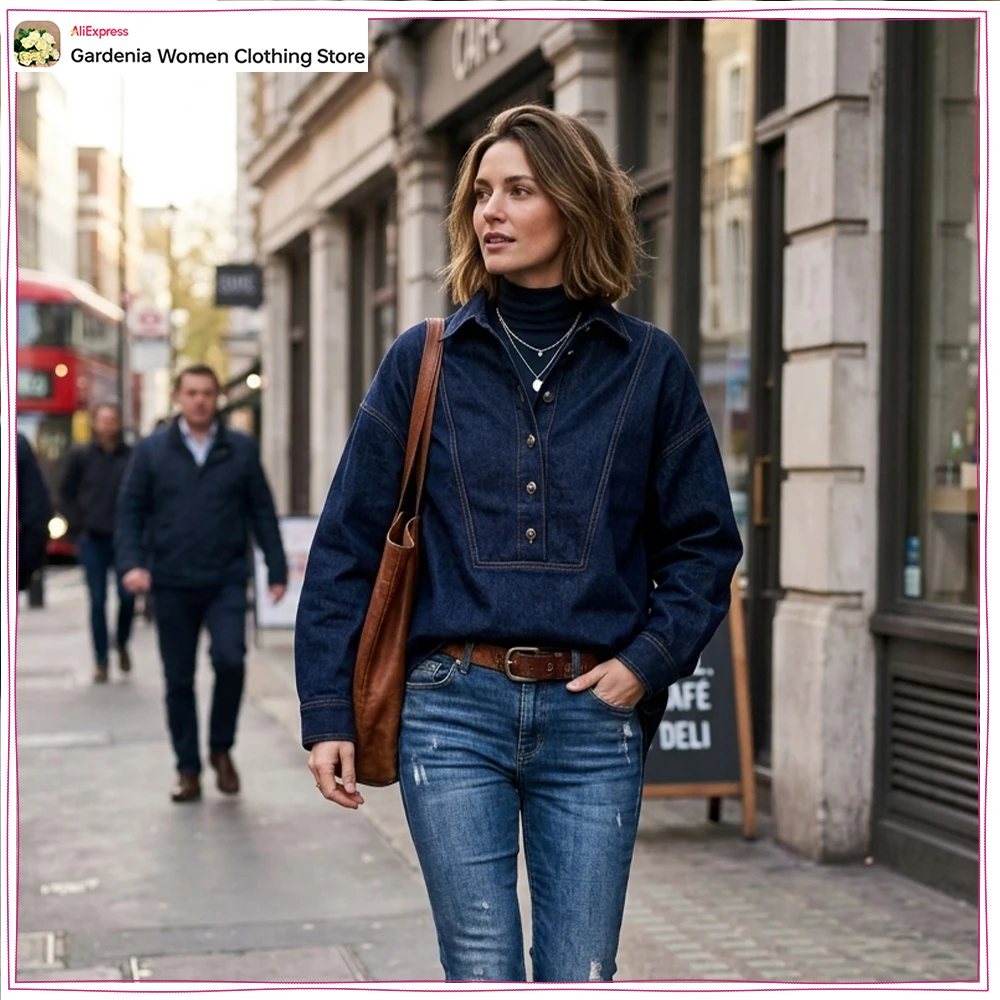 

Elegant Chic Women Denim Shirts with Contrasting Topstitching Casual Lapel Collar Long Sleeves Cowgirls Tops with Button Closure