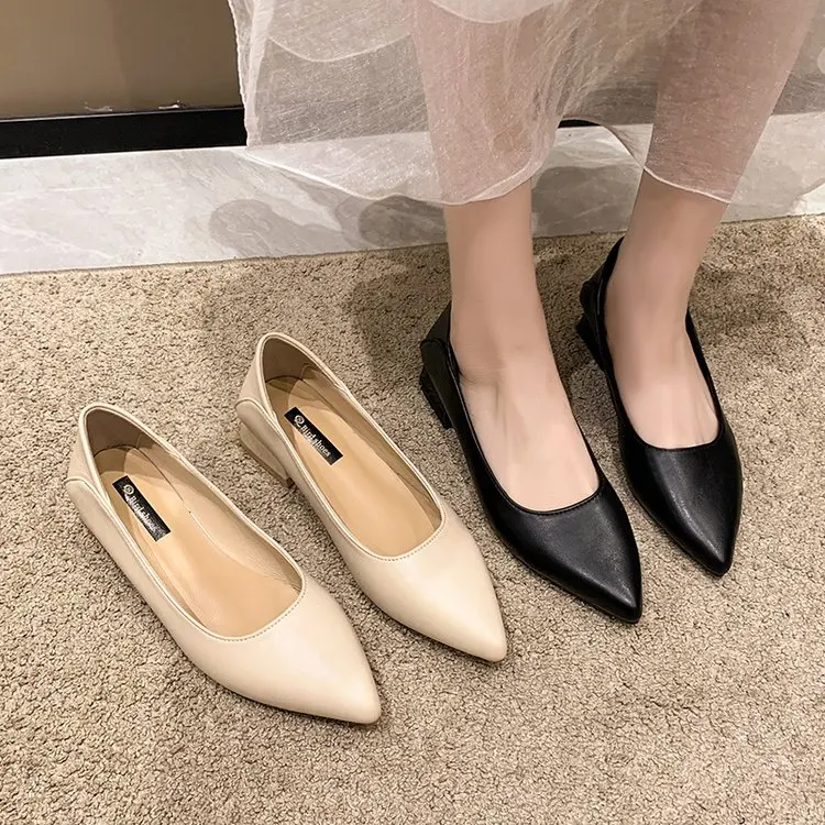 New Fashion Exquisite Ladies Beautiful Solid Color Shallow Mouth Thick Heel Soft Sole Pointed Toe Heel Shoes Ladies High Heels