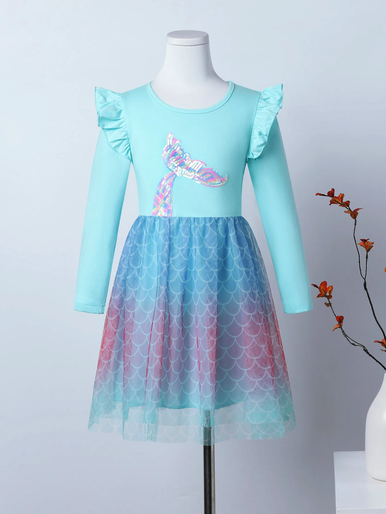Girls Mermaid Dress Long Sleeve Sequin Mermaid Tail Tulle Princess Dress for Party LH1777