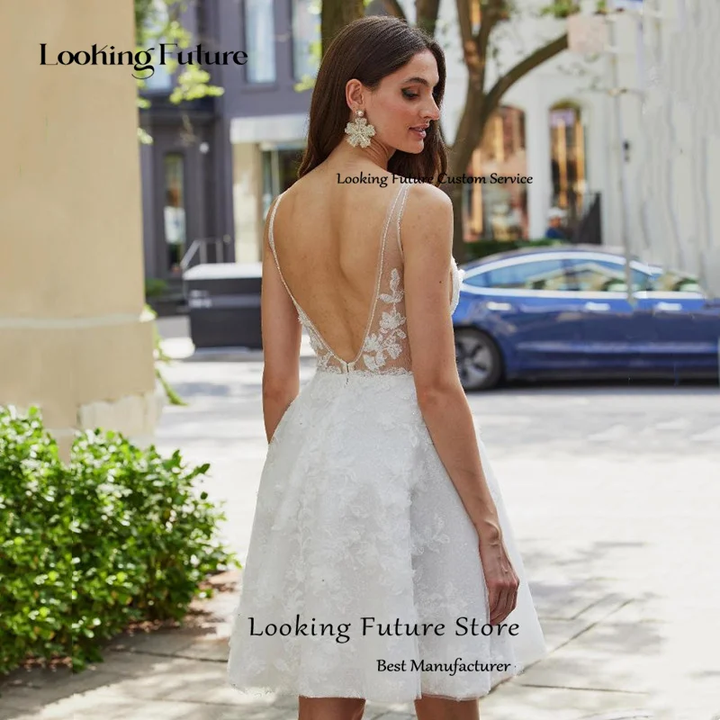 Simple Mini A-Line Wedding Dress Spaghetti Straps Lace Appliques Detachable Short Sleeve Pleat Sexy V-Neck Backless Customized