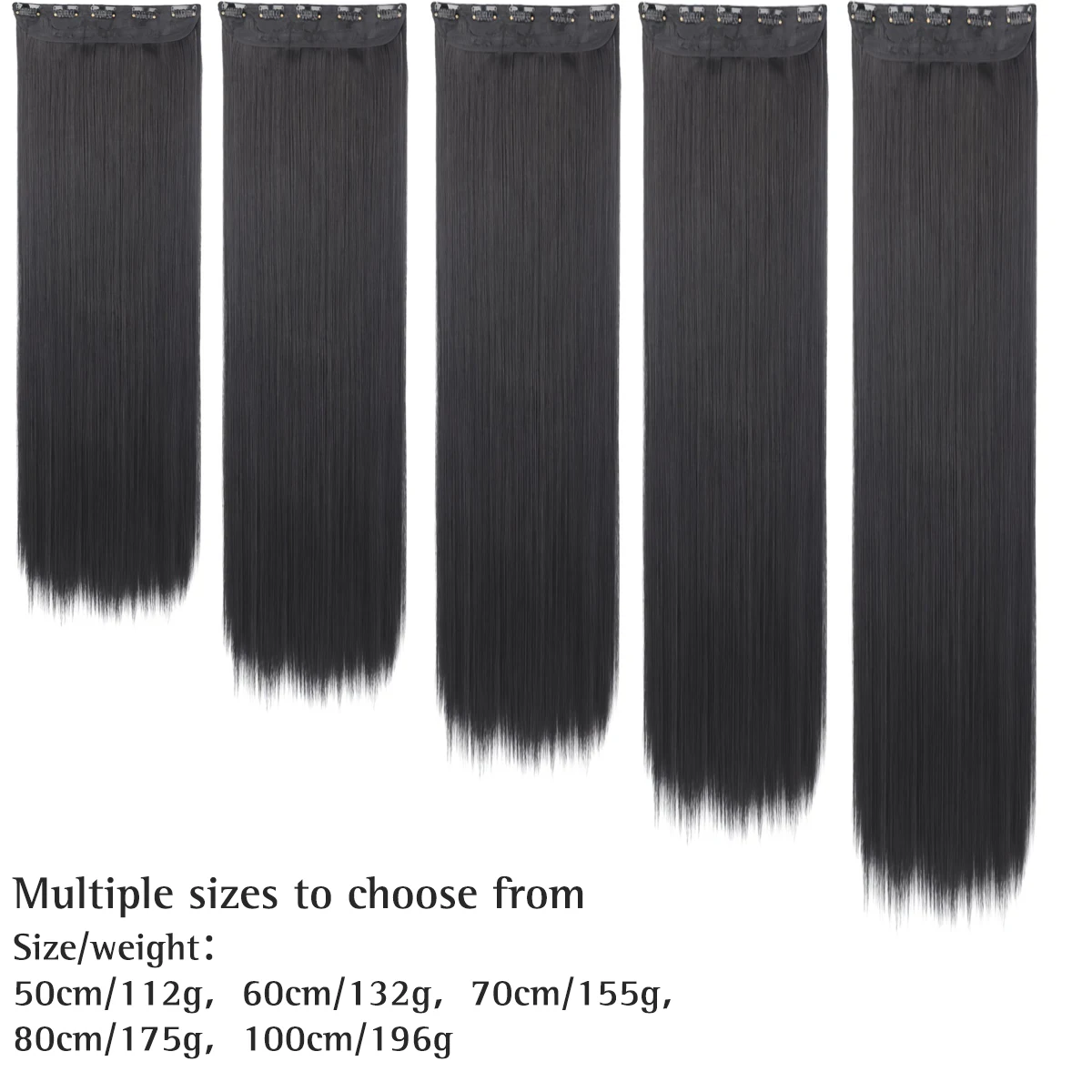 Long straight hair synthetic 5-clip hair extension clip clamped on woman\'s hair natural wig black long straight multiple lengths