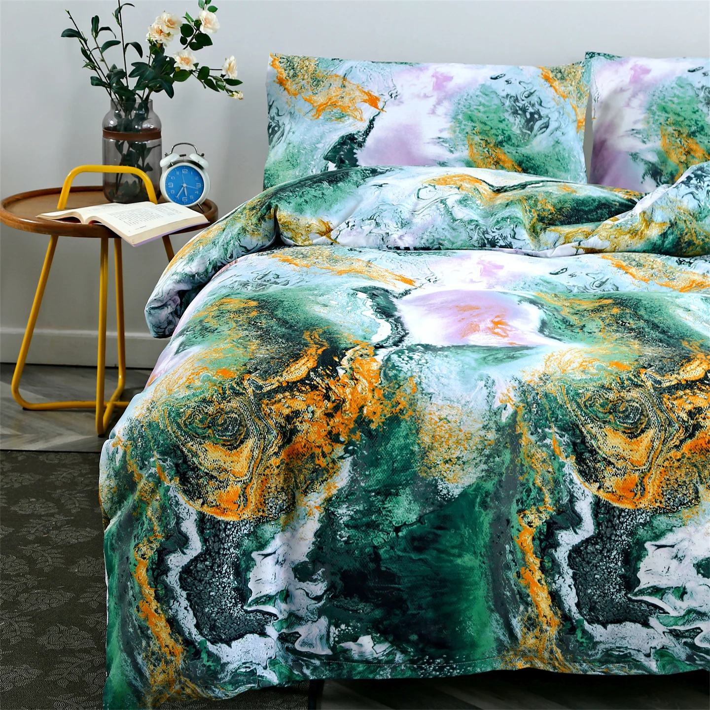 Marble Duvet Cover Set Green Golden Mixed Marbling Pattern Comforter Covers Sets Abstract Bedding Set Luxury Art Decor Bedroom