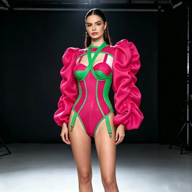 Farblich abgesetzter Rosa-Grüner Bodysuit mit Puffärmeln für Damen Drag Queen Tanzkostüm Nachtclub Bar Performance Bühnenoutfit