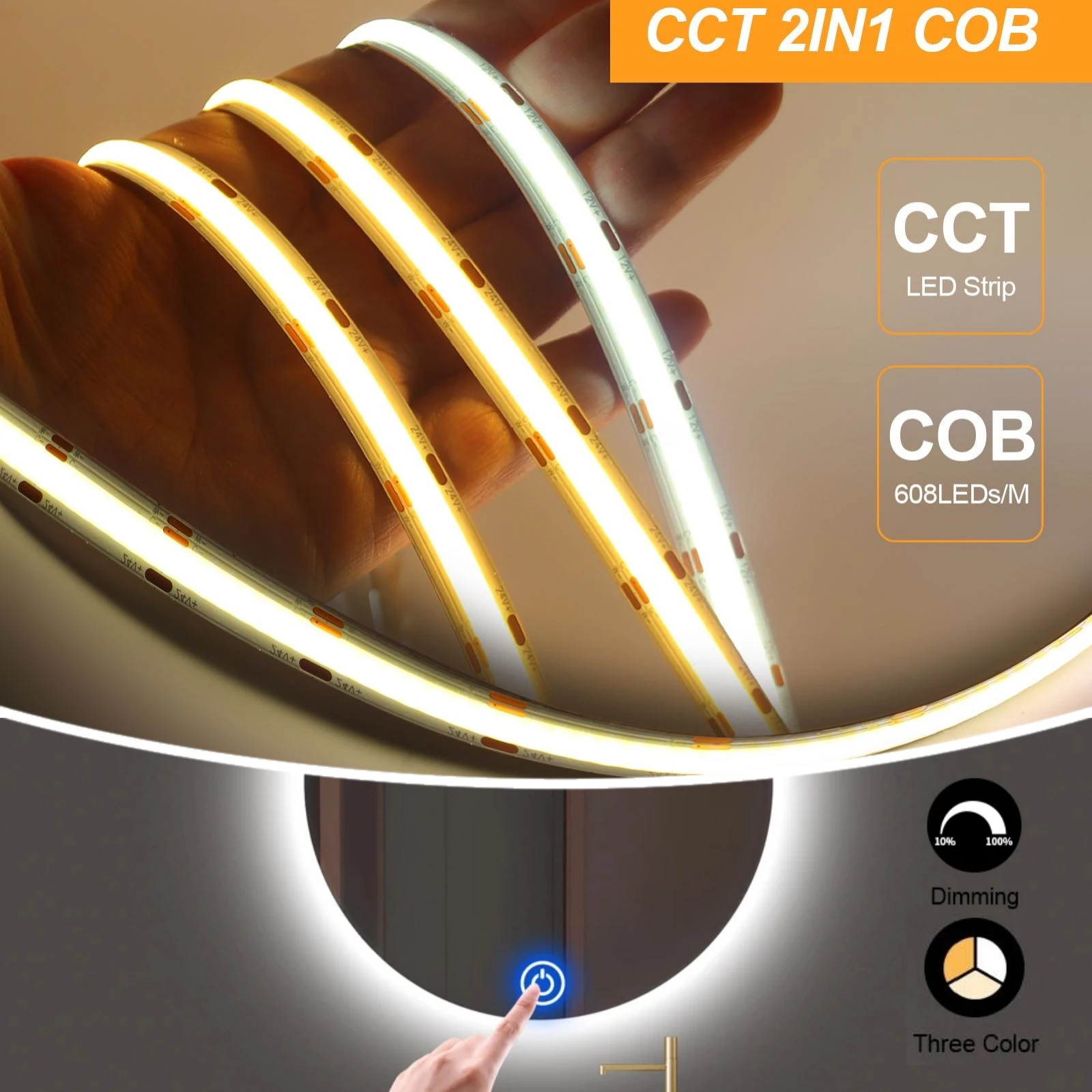 

Touch Dimmerable 608LEDs/M CCT COB LED Strip 12V 24V Mirror Front Lamp Warm White + Cold White Flexible Ribbon Tape Light