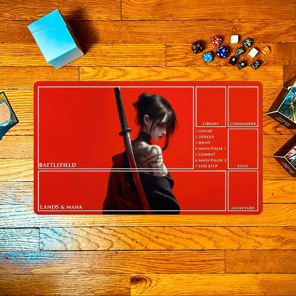 Red Background Tattoo Samurai Girl TCG Playmat 35X60CM Trading Mat Non-Slip Durable Stitched Edge Three Templates Available