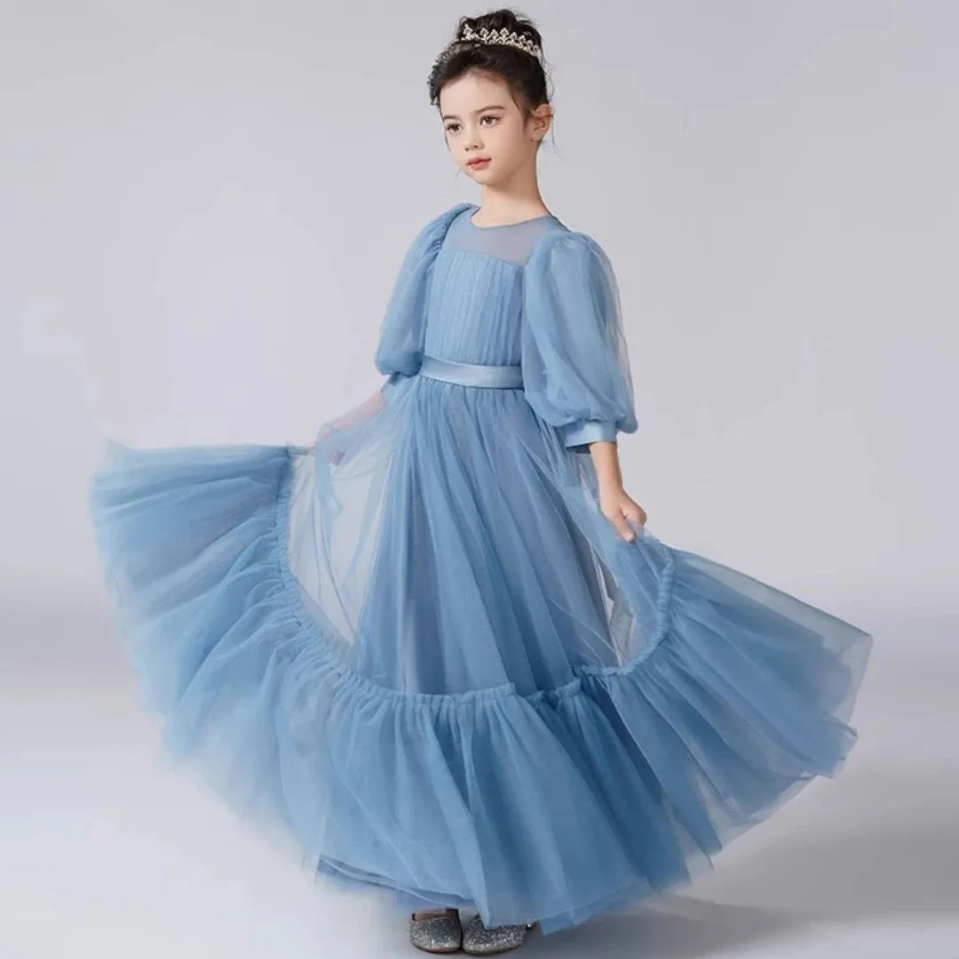 Abito da ragazza di fiore in tulle a strati personalizzato con fiocco Matrimonio Compleanno Cintura blu grigia Mezza manica per banchetti Abiti da santa comunione