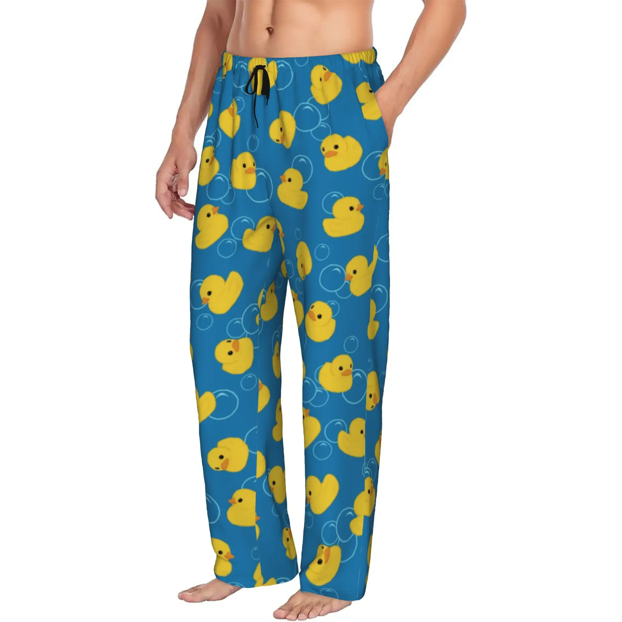 Custom Cute Cartoon Yellow Bath Duck Pattern Pajama Pants Men's  Sleepwear Lounge Sleep Bottoms Stretch with Pockets