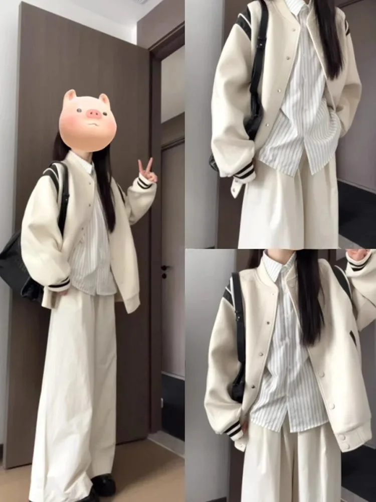 Korean Style Short Baseball Jacket Women's Spring Autumn 2024 New American Retro Pilot Coat Top Buttoned Loose Fit Long Sleeve