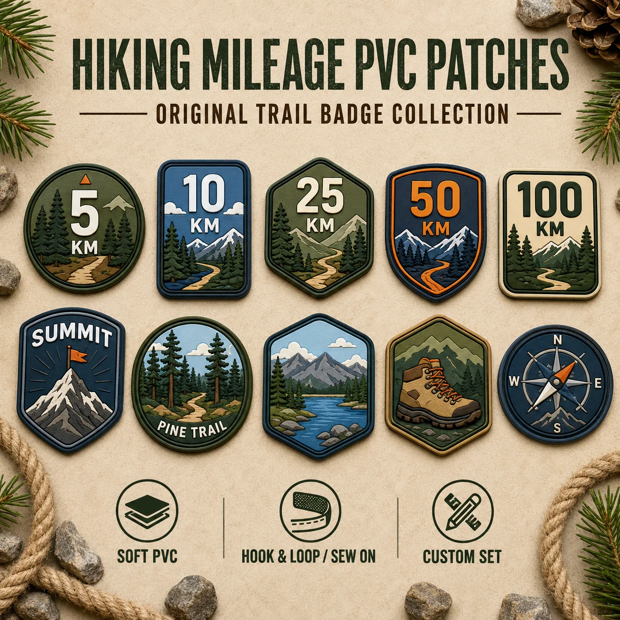 Custom Hiking Trail PVC Patch Personalized Distance Summit Mountain Compass Boot Soft Rubber Badge for Bags Jackets Outdoor Gear