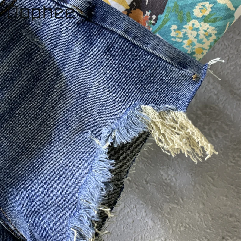 Amerikanische Retro Hot Girl Hohe Taille Zerrissene Denim Shorts Sommer Mode Raue Kante Fransen Breite Bein Hosen Vielseitige Casual Shorts