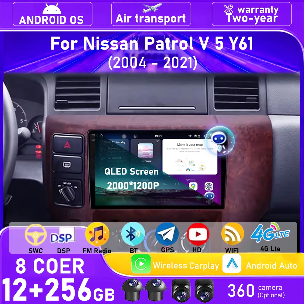 9'' Android 16 Auto For Nissan Patrol V 5 Y61 2004 - 2021 LHD QLED Car Radio Multimedia Player Navigation GPS Wireless Carplay