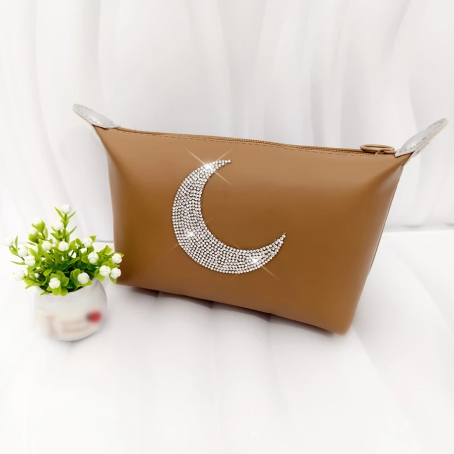 Coffee Brown Rhinestones Moon PU Leather Makeup Bags Zipper Waterproof Portable Storage Bag for Traveling Stylish and Elegant Co