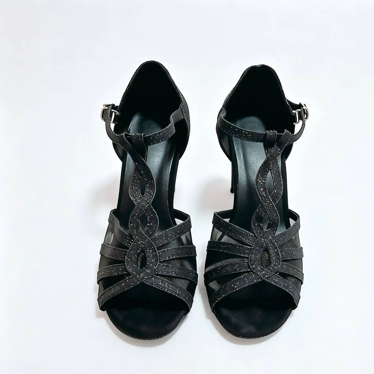 Evk Women Black Glitter Latin Dance Shoes T-Bar Ankle Buckle Salsa Tango Ballroom Shoes Professional Competition Dance Footwear