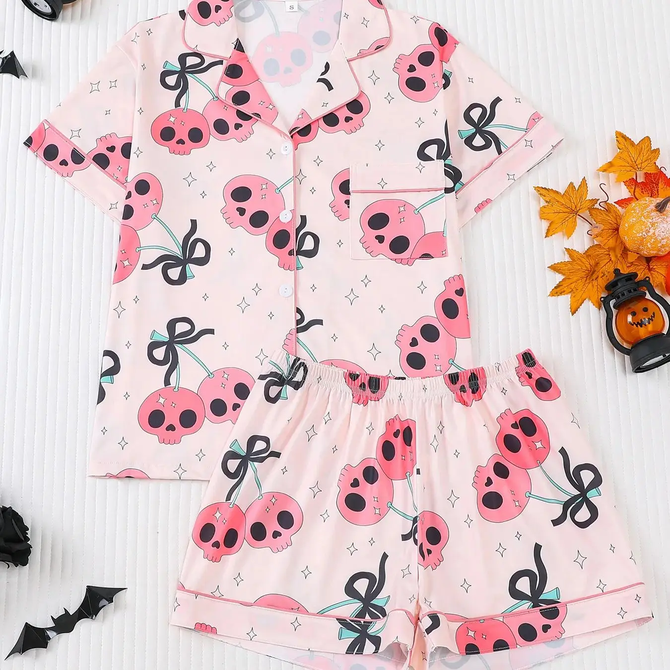 

Sweet Cool Halloween Women's Pajamas Set Pink Skull Cherry Print Lapel Collar Short Sleeve Shorts Soft Comfy Home Wear Sleepwear