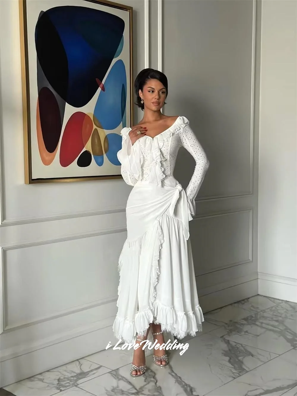 White Scoop Neck A-line Chiffon Lace Long Sleeve Prom Dress Ruffles Elegant Multi-Layered Modern Ankle-Length Pleated Customized