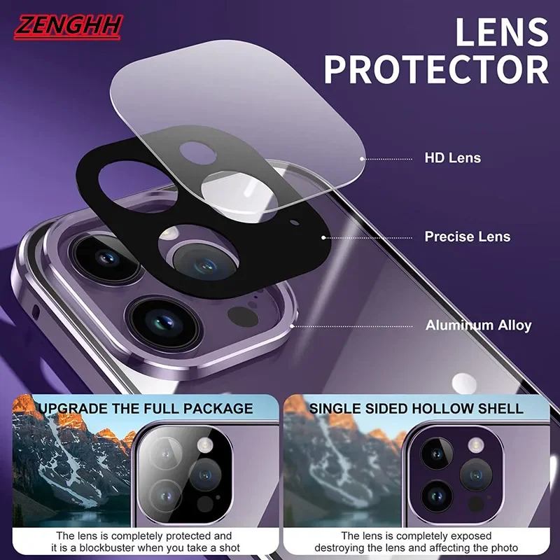 Double Sided Glass Magnetic Adsorption Metal Snap Lock Case for IPhone 15 14 13 12 11 Pro Max 15Plus Camera Lens Protect Cover