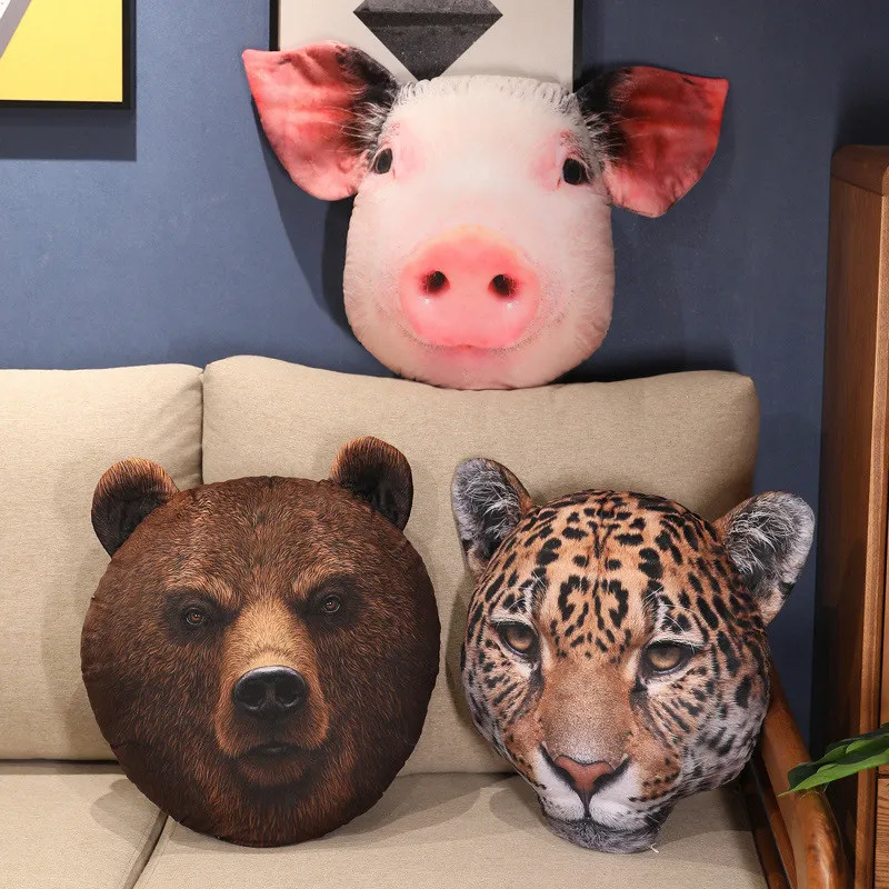 40cm Simulated Printing Bear Leopard Pig Head Pillow Plush Toy Shell With Zipper Wild Animal Throw Pillow For Sofa Chair Cushion