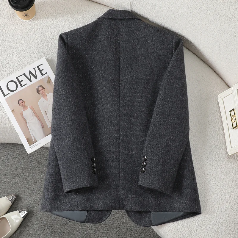 Coffee-Color Wool Women's Blazer plus Size Relaxed Fit Autumn Winter Collection High Quality Top
