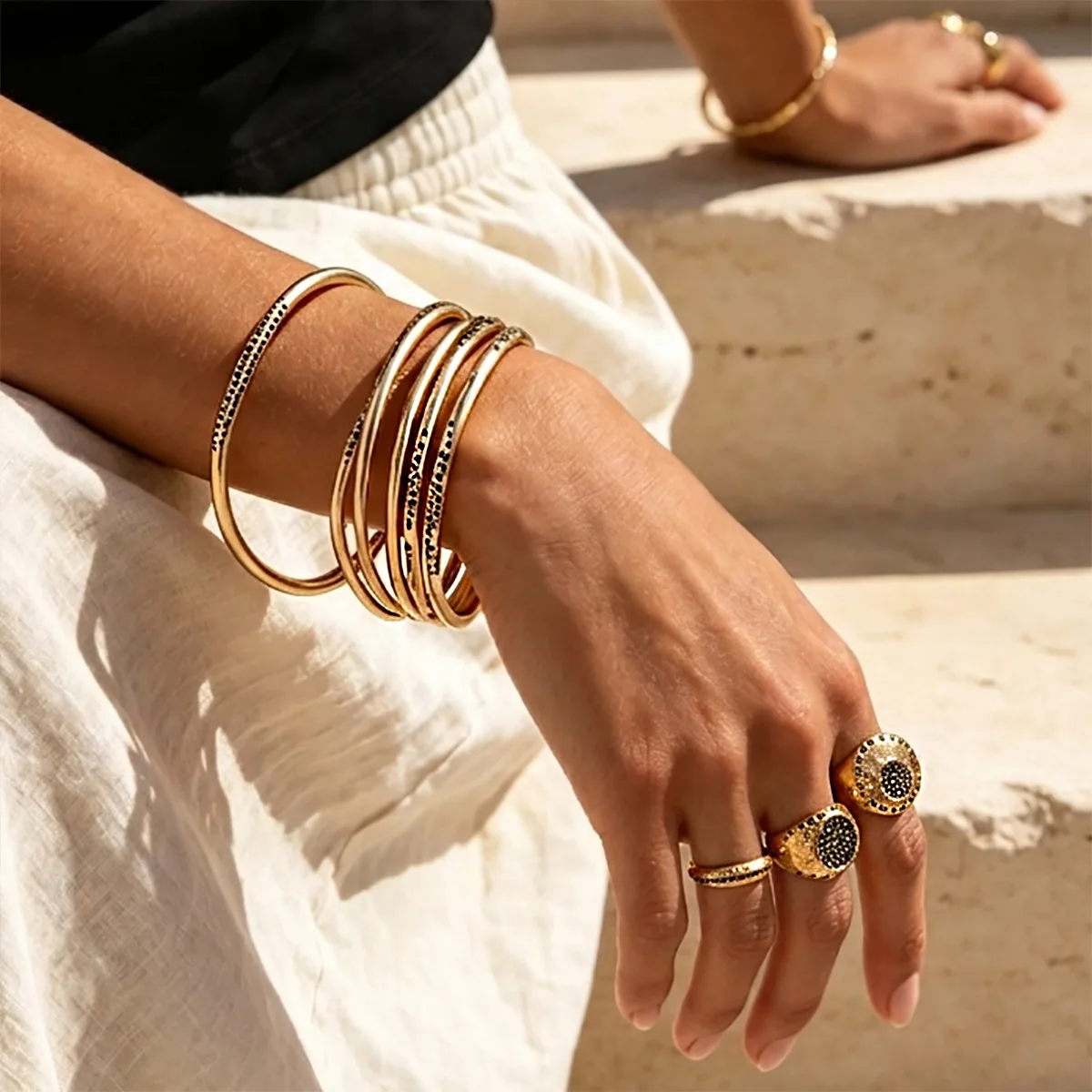Bangle Retro Stainless Steel Distressed Micro Pave Rhinestone Stackable Daily Chic Elegant Versatile Durable Premium Collection