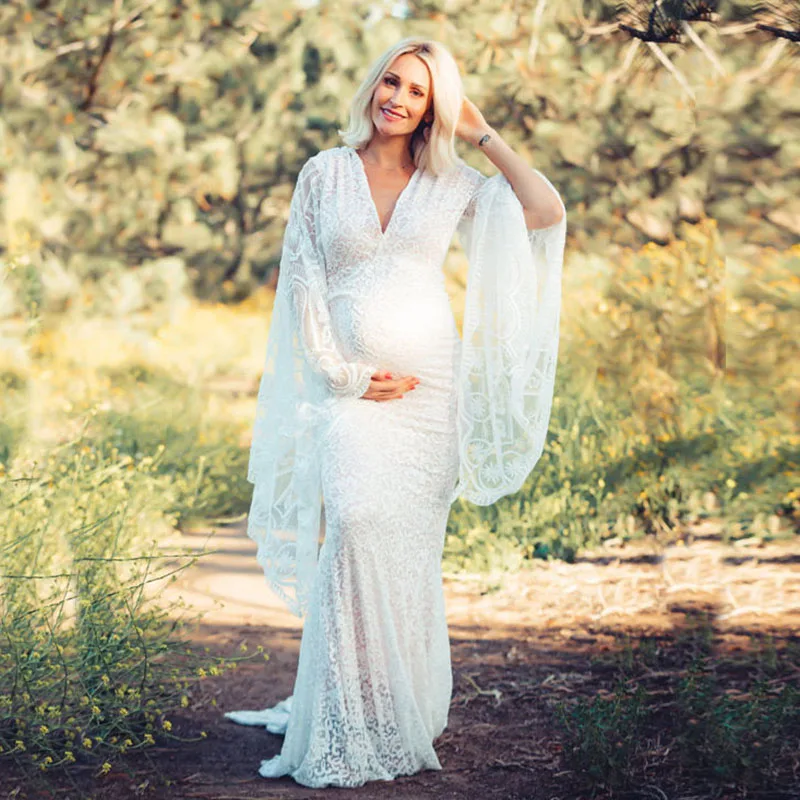 

Flare Sleeve Lace Pregnancy Dresses Photoshoots Pregnant Session Photos V Neck Sexy Bodycon Floor Length White Maxi Long Dress